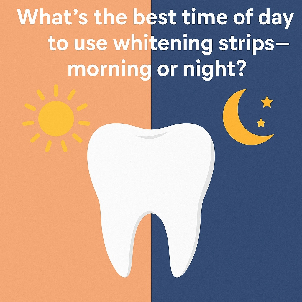 Illustration showing a white tooth between a sun on the left and a moon with stars on the right, representing the choice between using whitening strips in the morning or at night